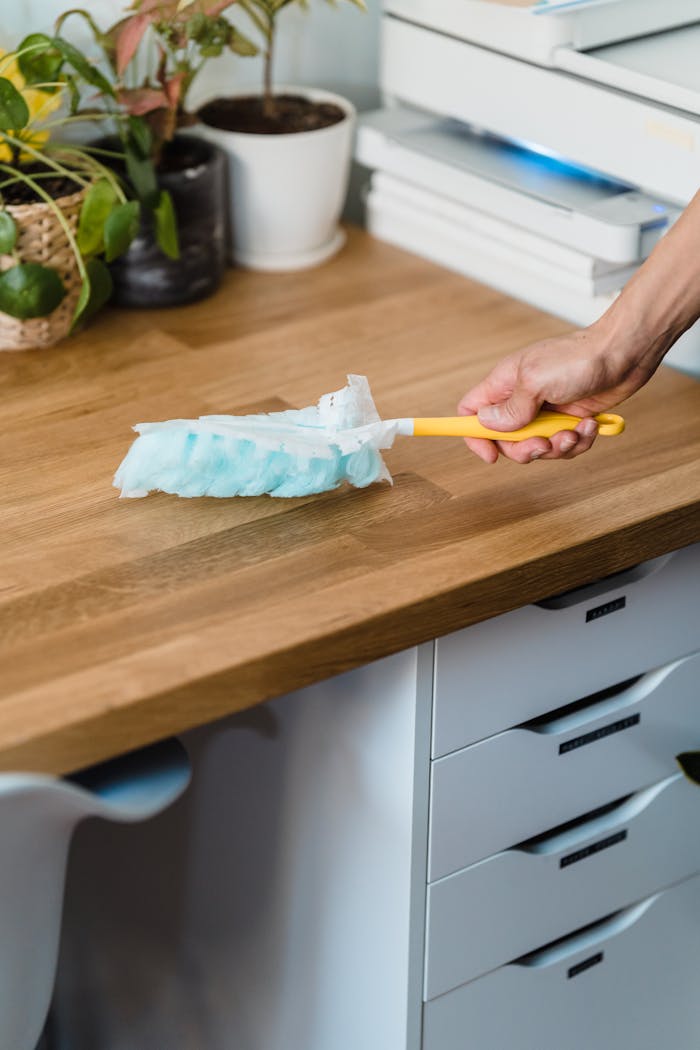 hero-img A hand using a feather duster to clean a wooden desk, surrounded by plants and office items.